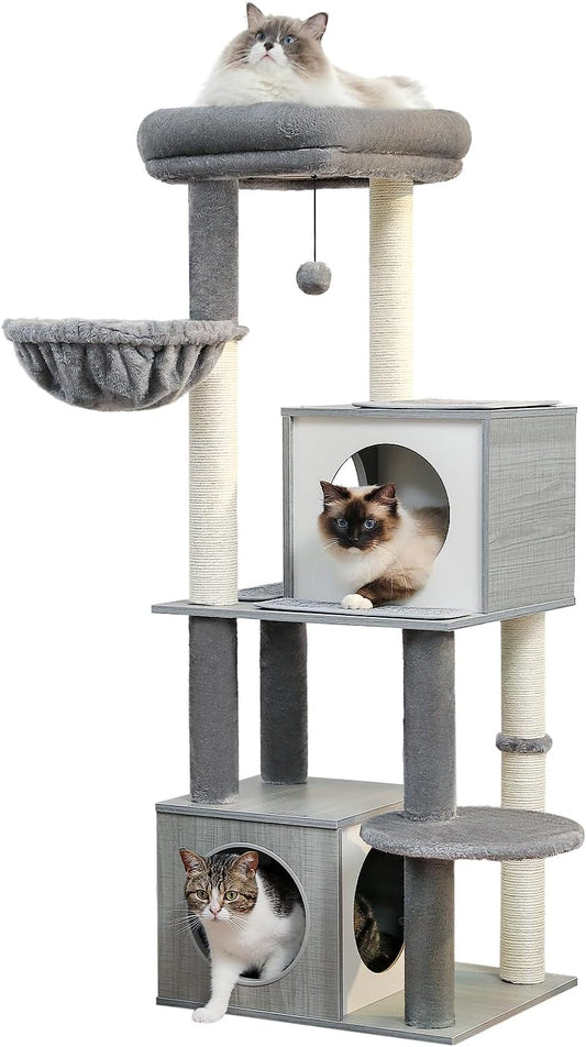  130 cm Wooden Cat Tree with XL Double Condos, Spacious Perch, Sisal-Wrapped Posts, and Replaceable Dangling Balls